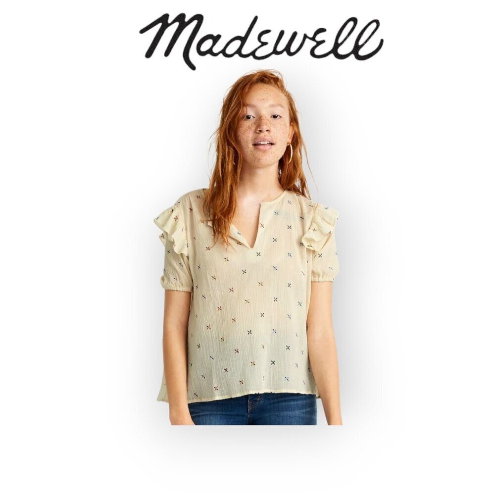 Madewell Rainbow Embroidered Cotton Blouse Ruffle Sleeve Boho Top Size L